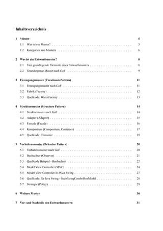 Inhaltsverzeichnis
1 Muster 5
1.1 Was ist ein Muster? . . . . . . . . . . . . . . . . . . . . . . . . . . . . . . . . . . . . 5
1.2 Kategorien von Mustern . . . . . . . . . . . . . . . . . . . . . . . . . . . . . . . . . 6
2 Was ist ein Entwurfsmuster? 8
2.1 Vier grundlegende Elemente eines Entwurfsmusters . . . . . . . . . . . . . . . . . . . 8
2.2 Grundlegende Muster nach GoF . . . . . . . . . . . . . . . . . . . . . . . . . . . . . 9
3 Erzeugungsmuster (Creational-Pattern) 11
3.1 Erzeugungsmuster nach GoF . . . . . . . . . . . . . . . . . . . . . . . . . . . . . . . 11
3.2 Fabrik (Factory) . . . . . . . . . . . . . . . . . . . . . . . . . . . . . . . . . . . . . . 12
3.3 Quellcode: WarenFactory . . . . . . . . . . . . . . . . . . . . . . . . . . . . . . . . . 13
4 Strukturmuster (Structure Pattern) 14
4.1 Strukturmuster nach GoF . . . . . . . . . . . . . . . . . . . . . . . . . . . . . . . . . 14
4.2 Adapter (Adapter) . . . . . . . . . . . . . . . . . . . . . . . . . . . . . . . . . . . . . 15
4.3 Fassade (Facade) . . . . . . . . . . . . . . . . . . . . . . . . . . . . . . . . . . . . . 16
4.4 Kompositum (Compositum, Container) . . . . . . . . . . . . . . . . . . . . . . . . . 17
4.5 Quellcode: Container . . . . . . . . . . . . . . . . . . . . . . . . . . . . . . . . . . . 19
5 Verhaltensmuster (Behavior Pattern) 20
5.1 Verhaltensmuster nach GoF . . . . . . . . . . . . . . . . . . . . . . . . . . . . . . . . 20
5.2 Beobachter (Observer) . . . . . . . . . . . . . . . . . . . . . . . . . . . . . . . . . . 21
5.3 Quellcode Beispiel - Beobachter . . . . . . . . . . . . . . . . . . . . . . . . . . . . . 22
5.4 Model View Controller (MVC) . . . . . . . . . . . . . . . . . . . . . . . . . . . . . . 24
5.5 Model View Controller in JAVA Swing . . . . . . . . . . . . . . . . . . . . . . . . . . 27
5.6 Quellcode: für Java Swing - SuchStringComboBoxModel . . . . . . . . . . . . . . . . 28
5.7 Strategie (Policy) . . . . . . . . . . . . . . . . . . . . . . . . . . . . . . . . . . . . . 29
6 Weitere Muster 30
7 Vor- und Nachteile von Entwurfsmustern 31
 