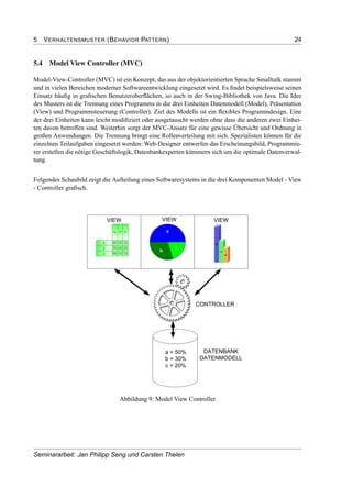 5 VERHALTENSMUSTER (BEHAVIOR PATTERN) 24
5.4 Model View Controller (MVC)
Model-View-Controller (MVC) ist ein Konzept, das aus der objektorientierten Sprache Smalltalk stammt
und in vielen Bereichen moderner Softwareentwicklung eingesetzt wird. Es ﬁndet beispielsweise seinen
Einsatz häuﬁg in graﬁschen Benutzeroberﬂächen, so auch in der Swing-Bibliothek von Java. Die Idee
des Musters ist die Trennung eines Programms in die drei Einheiten Datenmodell (Model), Präsentation
(View) und Programmsteuerung (Controller). Ziel des Modells ist ein ﬂexibles Programmdesign. Eine
der drei Einheiten kann leicht modiﬁziert oder ausgetauscht werden ohne dass die anderen zwei Einhei-
ten davon betroffen sind. Weiterhin sorgt der MVC-Ansatz für eine gewisse Übersicht und Ordnung in
großen Anwendungen. Die Trennung bringt eine Rollenverteilung mit sich. Spezialisten können für die
einzelnen Teilaufgaben eingesetzt werden: Web-Designer entwerfen das Erscheinungsbild, Programmie-
rer erstellen die nötige Geschäftslogik, Datenbankexperten kümmern sich um die optimale Datenverwal-
tung.
Folgendes Schaubild zeigt die Aufteilung eines Softwaresystems in die drei Komponenten Model - View
- Controller graﬁsch.
Abbildung 9: Model View Controller
Seminararbeit: Jan Philipp Seng und Carsten Thelen
 