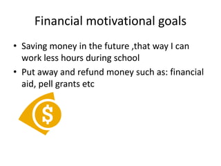Financial motivational goals
• Saving money in the future ,that way I can
work less hours during school
• Put away and refund money such as: financial
aid, pell grants etc
 