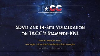 SDVIS AND IN-SITU VISUALIZATION
ON TACC’S STAMPEDE-KNL
Paul A. Navrátil, Ph.D.
Manager – Scalable Visualization Technologies
pnav@tacc.utexas.edu
1
 