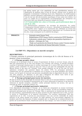 Stratégie de Développement de la Ville de Sousse

du milieu marin qui s’est manifestée en une prolifération massive et
inhabituelle de méduses dans la baie de Sousse, altérant ainsi la qualité de
baignade et notamment l’esthétique de la côte. Néanmoins, les établissements
hôteliers seraient également responsables de la détérioration de la qualité de
l’eau de mer par des déversements anarchiques d’eaux usées non traitées. La
prise en compte de la responsabilité environnementale des entreprises est
nécessaire dans une démarche de gestion intégrée du littoral.

5.15 Vulnérabilité des côtes à l’érosion, particulièrement dans le
sud de la ville.
Les Infrastructures portuaires, les ouvrages de protection, les oueds,
l’urbanisation littorale linéaire et invasive : perturbent la dynamique littorale
et l’équilibre entre l’apport et la soustraction des sédiments au niveau des
côtes. Ces pressions ont des répercussions importantes sur l’évolution du trait
de côte, et par conséquent sur la stabilité des plages.

PROJETS

-

Emissaire marin Sousse Nord.
Réhabilitation STEP Sousse Nord et construction STEP Hamdoun.
Laboratoire centrale pour l’analyse des paramètres bactériens et
physico - chimiques de l’eau
Etude sur la protection du littoral de Sousse contre l’érosion marine
Etude sur la protection de Sousse Sud contre l’érosion.

3.6 FDP N°6 : Dépendance au marché européen
DESCRIPTION :
L’Europe constitue le principal partenaire économique de la ville de Sousse et le
premier client économique.
L’Europe premier client
L’Europe est le principal client en termes d’exportations de biens et services locaux, plus de
60% des exportations de la ville sont dirigées vers l’Europe. Par ailleurs, le marché européen
constitue le principal émetteur pour le secteur touristique où il couvre 80% des arrivées et des
nuitées, contre seulement 1% pour les pays de l’Asie et une part très négligeable des pays du
Moyen Orient et des pays de l’Afrique. Cette grande disparité est du au fait que les tours
opérateurs européens ont constitué depuis les années 1970, les principaux partenaires
commerciaux qui ont aujourd’hui la mainmise sur le secteur et ont porté préjudice aux acteurs
locaux, sur les quels ils exercent une pression considérable dans la négociation des prix. Face à
une telle situation, les hôteliers se sont dans l’obligation de réduire leurs tarifs et par
conséquent de faire des concessions sur la qualité de service.

L’Europe principal pourvoyeur de touristes.
De plus la forme la plus développé du tourisme dans la ville est le tourisme balnéaire. Cependant
la ville dispose d’un ensemble de potentialités qu’il serait intéressant d’exploiter et qui peuvent
intéresser le marché européen, considéré comme principal émetteur du secteur, tels que le
tourisme de santé, le tourisme culturel, etc.

L’Europe principal partenaire industriel.
Cette dépendance économique à l’Europe ne se limite pas uniquement au secteur touristique
mais touche aussi le tissu industriel de la ville, dans la mesure où elle est considérée comme un
partenaire principal pour les pays de l’Europe. Mais ce partenariat est dominé par des activités
de sous-traitance, essentiellement pour les deux secteurs les plus importants de la ville, à savoir
le textile et l’habillement et le matériel électronique. Ces secteurs représentent 90% des
exportations de la ville. L’activité de sous-traitance reste une activité vulnérable de nature
précaire et de valeur ajoutée très limitée. En règle générale, les sous-traitants importent les
produits semi-finis des donneurs d’ordres européens qui se chargent de la commercialisation et
parfois de la distribution finale, bénéficiant ainsi de leurs marges. Les liens en amont et en aval

Phase de Diagnostic

Page 33

 