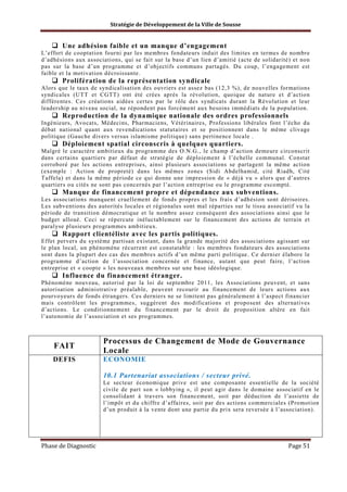Stratégie de Développement de la Ville de Sousse

Une adhésion faible et un manque d’engagement
L’effort de cooptation fourni par les membres fondateurs induit des limites en termes de nombre
d’adhésions aux associations, qui se fait sur la base d’un lien d’amitié (acte de solidarité) et non
pas sur la base d’un programme et d’objectifs communs partagés. Du coup, l’engagement est
faible et la motivation décroissante.

Prolifération de la représentation syndicale
Alors que le taux de syndicalisation des ouvriers est assez bas (12,3 %), de nouvelles formations
syndicales (UTT et CGTT) ont été crées après la révolution, quoique de nature et d’actio n
différentes. Ces créations aidées certes par le rôle des syndicats durant la Révolution et leur
leadership au niveau social, ne répondent pas forcément aux besoins immédiats de la population.

Reproduction de la dynamique nationale des ordres professionnels
Ingénieurs, Avocats, Médecins, Pharmaciens, Vétérinaires, Professions libérales font l’écho du
débat national quant aux revendications statutaires et se positionnent dans le même clivage
politique (Gauche divers versus islamisme politique) sans pertinence locale .

Déploiement spatial circonscris à quelques quartiers.
Malgré le caractère ambitieux du programme des O.N.G., le champ d’action demeure circonscrit
dans certains quartiers par défaut de stratégie de déploiement à l’échelle communal. Constat
corroboré par les actions entreprises, ainsi plusieurs associations se partagent la même action
(exemple : Action de propreté) dans les mêmes zones (Sidi Abdelhamid, cité Riadh, Cité
Taffela) et dans la même période ce qui donne une impression de « déjà vu » alors que d’autres
quartiers ou cités ne sont pas concernés par l’action entreprise ou le programme escompté.

Manque de financement propre et dépendance aux subventions.
Les associations manquent cruellement de fonds propres et les frais d’adhésion sont dérisoires.
Les subventions des autorités locales et régionales sont mal réparties sur le tissu associatif vu la
période de transition démocratique et le nombre assez conséquent des associations ainsi que le
budget alloué. Ceci se répercute inéluctablement sur le financement des actions de terrain et
paralyse plusieurs programmes ambitieux.

Rapport clientéliste avec les partis politiques.
Effet pervers du système partisan existant, dans la grande majorité des associations agissant sur
le plan local, un phénomène récurrent est constatable : les membres fondateurs des associations
sont dans la plupart des cas des membres actifs d’un même parti politique. Ce dernier élabore le
programme d’action de l’association concernée et finance, autant que peut faire, l’action
entreprise et « coopte » les nouveaux membres sur une base idéologique.

Influence du financement étranger.
Phénomène nouveau, autorisé par la loi de septembre 2011, les Associations peuvent, et sans
autorisation administrative préalable, peuvent recourir au financement de leurs actions aux
pourvoyeurs de fonds étrangers. Ces derniers ne se limitent pas généralement à l’aspect financier
mais contrôlent les programmes, suggèrent des modifications et proposent des alternatives
d’actions. Le conditionnement du financement par le droit de proposition altère en fait
l’autonomie de l’association et ses programmes.

FAIT

Processus de Changement de Mode de Gouvernance
Locale

DEFIS

ECONOMIE
10.1 Partenariat associations / secteur privé.
Le secteur économique prive est une composante essentielle de la société
civile de part son « lobbying », il peut agir dans le domaine associatif en le
consolidant à travers son financement, soit par déduction de l’assiette de
l’impôt et du chiffre d’affaires, soit par des actions commerciales (Promotion
d’un produit à la vente dont une partie du prix sera reversée à l’association).

Phase de Diagnostic

Page 51

 