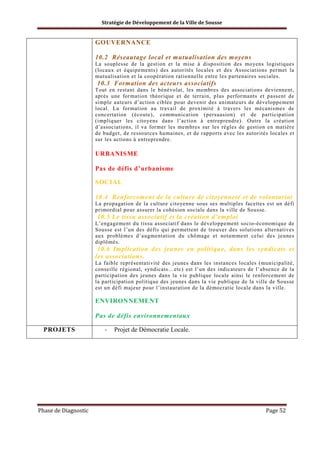 Stratégie de Développement de la Ville de Sousse

GOUVERNANCE
10.2 Réseautage local et mutualisation des moyens
La souplesse de la gestion et la mise à disposition des moyens logistiques
(locaux et équipements) des autorités locales et des Associations permet la
mutualisation et la coopération rationnelle entre les partenaires sociales.

10.3 Formation des acteurs associatifs
Tout en restant dans le bénévolat, les membres des associations deviennent,
après une formation théorique et de terrain, plus performants et passent de
simple auteurs d’action ciblée pour devenir des animateurs de développement
local. La formation au travail de proximité à travers les mécanismes de
concertation (écoute), communication (persuasion) et de participation
(impliquer les citoyens dans l’action à entreprendre). Outre la création
d’associations, il va former les membres sur les règles de gestion en matière
de budget, de ressources humaines, et de rapports avec les autorités locales et
sur les actions à entreprendre.

URBANISME
Pas de défis d’urbanisme
SOCIAL
10.4 Renforcement de la culture de citoyenneté et de volontariat
La propagation de la culture citoyenne sous ses multiples facettes est un défi
primordial pour assurer la cohésion sociale dans la ville de Sousse.

10.5 Le tissu associatif et la création d’emploi
L’engagement du tissu associatif dans le développement socio-économique de
Sousse est l’un des défis qui permettent de trouver des solutions alternatives
aux problèmes d’augmentation du chômage et notamment celui des jeunes
diplômés.

10.6 Implication des jeunes en politique, dans les syndicats et
les associations.
La faible représentativité des jeunes dans les instances locales (municipalité,
conseille régional, syndicats…etc) est l’un des indicateurs de l’absence de la
participation des jeunes dans la vie publique locale ainsi le renforcement de
la participation politique des jeunes dans la vie publique de la ville de Sousse
est un défi majeur pour l’instauration de la démocratie locale dans la ville.

ENVIRONNEMENT
Pas de défis environnementaux
PROJETS

Phase de Diagnostic

-

Projet de Démocratie Locale.

Page 52

 