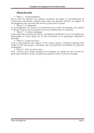 Stratégie de Développement de la Ville de Sousse

-

Phases du projet

Phase 1 : le pré-diagnostic
Sur la base de données, de rapports d’experts, de thèses et documentation et
d’entretiens individuels, chaque expert dans son domaine élabore un rapport de
pré-diagnostic qui constitue une base de travail pour le projet.
Phase 2 : le diagnostic
Le pré-diagnostic est soumis à la concertation du comité de pilotage, des experts
et acteurs locaux et de la Société civile pour modification et validation.
Phase 3 : le cadre stratégique
Cette étape doit permettre de choisir, de manière collaborative avec l’ensemble des
participants, la vision future de la ville de Sousse et les principaux objectifs à
atteindre.
Phase 4 : le plan d’action
Avec la participation des experts et des acteurs locaux, l’équipe technique doit
établir la liste des projets, réalisables, qui vont permettre d’atteindre les objectifs
stratégiques.
Phase 5 : Suivi et mise à jour
Pour s’assurer de la bonne marche de la stratégie, un comité de suivi est mis en
place pour contrôler la mise en place des projets et faire évoluer la stratégie.

Phase de Diagnostic

Page 6

 