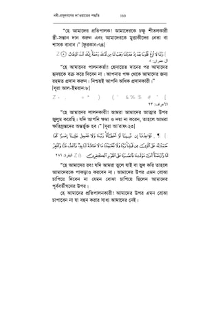 bex-im~jM‡Yi `vÔIqv‡Zi c×wZ 160
Ò†n Avgv‡`i cÖwZcvjK! Avgv‡`i‡K P¶z kxZjKvix
¯¿x-mš—vb `vb Ki“b Ges Avgv‡`i‡K gyËvKx‡`i †bZv ev
kvmK evbvb|Ó [dziKvb:74]
[ÍÌË ÊÉÈÇÆÅ ÄÃ ÂÁÀ¿¾½Z
‫ﻋﻤﺮان‬ ‫آل‬:٨
Ò†n Avgv‡`i cvjbKZ©v! †n`v‡qZ `v‡bi ci Avgv‡`i
ü`q‡K eµ K‡i w`‡eb bv| Avcbvi c¶ †_‡K Avgv‡`i Rb¨
ingZ cÖ`vb Ki“b| wbðqB Avcwb AwaK cÖ`vbKvix|Ó
[m~iv Avj-Bgivb:8]
[- , + * ) ( ' & % $ # "Z
‫اﻷﻋﺮاف‬:٢٣
Ò†n Avgv‡`i jvjbKvix! Avgiv Avgv‡`i AvZ¥vi Dci
Ryjyg K‡iwQ| hw` Avcwb ¶gv I `qv bv K‡ib, Zvn‡j Avgiv
¶wZMª¯—‡`i Aš—f©y³ ne|Ó [m~iv AvÔivd:23]
[¼ » º ¹ ¸ ¶Ä Ã Â Á À ¿ ¾½
ÖÕÔÓÒÑÐ ÏÎÍ ÌËÊÉÈÇÆ Å
àßÞÝÜÛÚÙØ×Z‫اﻟﺒﻘﺮة‬:٢٨٦
Ò†n Avgv‡`i ie! hw` Avgiv fy‡j hvB ev fyj Kwi Zvn‡j
Avgv‡`i‡K cvKovI Ki‡eb bv| Avgv‡`i Dci Ggb †evSv
Pvwc‡q w`‡eb bv †hgb †evSv Pvwc‡q wQ‡jb Avgv‡`i
c~e©eZ©xM‡Yi Dci|
†n Avgv‡`i cÖwZcvjbKvix! Avgv‡`i Dci Ggb †evSv
Pvcv‡eb bv hv enb Kivi mva¨ Avgv‡`i †bB|
 