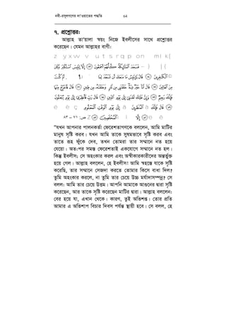 bex-im~jM‡Yi `vÔIqv‡Zi c×wZ 64
7. cÖ‡kœvËi:
Avj­vn ZvÔqvjv ¯^qs wb‡R Bejx‡mi mv‡_ cÖ‡kœvËi
K‡i‡Qb| †hgb Avj­vni evYx:
[zy xw vutsrqp on mlk
¨ § ¦¥¤£¢¡~}|{
º¹¸¶µ´³²±°¯® ¬«ª©
Ì Ë Ê É È ÇÆ Å Ä Ã ÂÁ À ¿ ¾ ½ ¼ »
Ú ÙØ×ÖÕ ÔÓÒÑÐÏÎÍÜÛ
é è ç æ å ä ã â á à ß Þ Ý
ñðïîíìëêZ‫ص‬:٧١–٨٣
ÒhLb Avcbvi cvjbKZ©v †d‡ikZvMY‡K ej‡jb, Avwg gvwUi
gvbyl m„wó Kie| hLb Avwg Zv‡K mylgfv‡e m„wó Kie Ges
Zv‡Z iƒn duy‡K †`e, ZLb †Zvgiv Zvi m¤§v‡b bZ n‡q
†h‡qv| AZ:ci mg¯— †d‡ikZvB GK‡hv‡M m¤§v‡b bZ nj|
wKš‘ Bejxm; †m AnsKvi Kij Ges A¯^xKviKvix‡`i Aš—f©y³
n‡q †Mj| Avj­vn ej‡jb, †n Bejxm! Avwg ¯^n‡¯— hv‡K m„wó
K‡iwQ, Zvi m¤§v‡b †mR`v Ki‡Z †Zvgvi wK‡m evav w`j?
Zzwg AnsKvi Ki‡j, bv Zzwg Zvi †P‡q D”P gh©v`vm¤úbœ? †m
ejj: Avwg Zvi †P‡q DËg| Avcwb Avgv‡K Av¸‡bi Øviv m„wó
K‡i‡Qb, Avi Zv‡K m„wó K‡i‡Qb gvwUi Øviv| Avj­vn ej‡jb:
†ei n‡q hv, GLvb †_‡K| KviY, ZzB Awfkß| †Zvi cÖwZ
Avgvi G Awfkvc wePvi w`em ch©š— ¯’vqx n‡e| †m ejj, †n
 