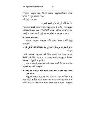 bex-im~jM‡Yi `vÔIqv‡Zi c×wZ 74
Ò†Zvgiv AbyMÖn Ki; wbðq Avj­vn AbyMÖnKvix‡`i cQ›`
K‡ib|Ó [m~iv evKviv:195]
bex [] e‡j‡Qb:
»‫ﺐ‬‫ﺣ‬‫ﹶ‬‫ﺃ‬ِ‫ﺱ‬‫ﺎ‬‫ﻨ‬‫ﺍﻟ‬‫ﹶﻰ‬‫ﻟ‬ِ‫ﺇ‬ِ‫ﻪ‬‫ﱠ‬‫ﻠ‬‫ﺍﻟ‬‫ﹶﻰ‬‫ﻟ‬‫ﺎ‬‫ﻌ‬‫ﺗ‬‫ﻢ‬‫ﻬ‬‫ﻌ‬‫ﹶ‬‫ﻔ‬‫ﻧ‬‫ﹶ‬‫ﺃ‬ِ‫ﺱ‬‫ﺎ‬‫ﻨ‬‫ِﻠ‬‫ﻟ‬«.
ÒAvj­vni wbKU me‡P‡q wcÖq gvbyl n‡”Q H e¨w³, †h gvby‡li
me©vwaK DcKvi K‡i|Ó [nv`xmwU nvmvb, mnxûj Rv‡gÔ nv: bs
176] G e¨vcv‡i bex []-Gi eû NUbv I Ae¯’vb cÖgvY|
8. m¤ú` e¨q Kiv:
A‡bK gvby‡li Aš—‡ii Pvwe n‡jv m¤ú`| bex []
e‡j‡Qb:
»‫ﻲ‬‫ﻧ‬ِ‫ﺇ‬‫ِﻲ‬‫ﻄ‬‫ﻋ‬‫ﹸ‬‫ﺄ‬‫ﹶ‬‫ﻟ‬‫ﹶ‬‫ﻞ‬‫ﺟ‬‫ﺮ‬‫ﺍﻟ‬‫ﻩ‬‫ﺮ‬‫ﻴ‬‫ﹶ‬‫ﻏ‬‫ﻭ‬‫ﺐ‬‫ﺣ‬‫ﹶ‬‫ﺃ‬‫ﻲ‬‫ﹶ‬‫ﻟ‬ِ‫ﺇ‬‫ﻪ‬‫ﻨ‬ِ‫ﻣ‬‫ﹶ‬‫ﺔ‬‫ﻴ‬‫ﺸ‬‫ﺧ‬‫ﹾ‬‫ﻥ‬‫ﹶ‬‫ﺃ‬‫ﻳ‬‫ﻪ‬‫ﺒ‬‫ﹸ‬‫ﻜ‬‫ﻪ‬‫ﱠ‬‫ﻠ‬‫ﺍﻟ‬‫ِﻲ‬‫ﻓ‬ِ‫ﺭ‬‫ﺎ‬‫ﻨ‬‫ﺍﻟ‬«.
‫ﻋﻠﻴﻪ‬ ‫ﻣﺘﻔﻖ‬.
ÒAvwg GKRb gvbyl‡K †`B wKš‘ Ab¨iv Zvi †P‡q Avgvi
wbKU †ewk wcÖq, G f‡q †h, Zv‡K Avj­vn Rvnvbœv‡g wb‡¶c
Ki‡eb|Ó [eyLvix I gymwjg]
Avi G R‡b¨B RvKv‡Zi A_© e¨‡qi GKwU we‡kl LvZ wPË
AvKl©Y hv GiB Aš—f©y³|
9. Ab¨‡`i e¨vcv‡i fvj aviYv ivLv Ges Zv‡`i Rb¨ IRi
†ck Kiv:
gvby‡li Aš—‡i cÖ‡e‡ki Rb¨ Gi‡P‡q mnR I DËg cš’v
Avi †bB| `vÔqxi Av‡k cv‡k hviv Av‡Q Zv‡`i e¨vcv‡i fvj
aviYv ivL‡eb Ges Lvivc aviYv †_‡K `~‡i _vK‡eb| Avãyj­vn
 