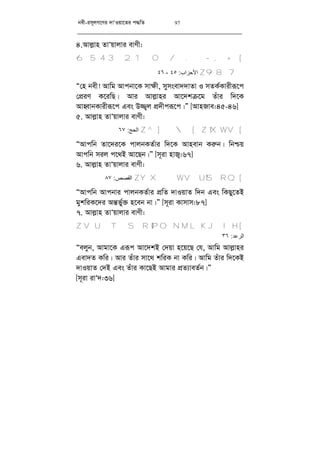 bex-im~jM‡Yi `vÔIqv‡Zi c×wZ 97
4.Avj­vn ZvÔqvjvi evYx:
[1 0 / . - , +6 5 4 3 2
987Z‫اﻷﺣﺰاب‬:٤٥-٤٦
Ò†n bex! Avwg Avcbv‡K mv¶x, mymsev``vZv I mZK©Kvixiƒ‡c
†cÖiY K‡iwQ| Avi Avj­vni Av‡`kµ‡g Zuvi w`‡K
AvnŸvbKvixiƒ‡c Ges D¾¡j cÖ`xciƒ‡c|Ó [AvnRve:45-46]
5. Avj­vn ZvÔqvjvi evYx:
[^][ZYXWVZ‫اﻟﺤﺞ‬:٦٧
ÒAvcwb Zv‡`i‡K cvjbKZ©vi w`‡K Avnevb Ki“b| wbðq
Avcwb mij c‡_B Av‡Qb|Ó [m~iv nvR¡:67]
6. Avj­vn ZvÔqvjvi evYx:
[YXWVUTSRQZ‫اﻟﻘﺼﺺ‬:٨٧
ÒAvcwb Avcbvi cvjbKZ©vi cÖwZ `vIqvZ w`b Ges wKQy‡ZB
gykwiK‡`i Aš—f©y³ n‡eb bv|Ó [m~iv Kvmvm:87]
7. Avj­vn ZvÔqvjvi evYx:
[V U T S R QP O N M L K J I HZ
‫اﻟﺮﻋﺪ‬:٣٦
Òejyb, Avgv‡K Giƒc Av‡`kB †`qv n‡q‡Q †h, Avwg Avj­vni
Gev`Z Kwi| Avi Zuvi mv‡_ kwiK bv Kwi| Avwg Zuvi w`‡KB
`vIqvZ †`B Ges Zuvi Kv‡QB Avgvi cÖZ¨veZ©b|Ó
[m~iv ivÔ`:36]
 