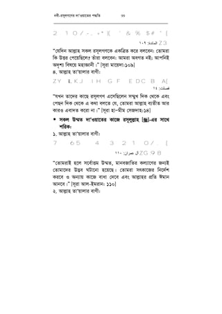 bex-im~jM‡Yi `vÔIqv‡Zi c×wZ 99
[210 /.- ,+*)('&%$#"
3Z‫اﻟﻤﺎﺋﺪة‬:١٠٩
Ò†hw`b Avj­vn mKj im~jMY‡K GKwÎZ K‡i ej‡eb: †Zvgiv
wK DËi †c‡qwQ‡j? Zuviv ej‡eb: Avgiv AeMZ bB; AvcwbB
A`„k¨ wel‡q gnvÁvbx|Ó [m~iv gv‡q`v:109]
4. Avj­vn ZvÔqvjvi evYx:
[D C B AY ML K J I H G F EZ
‫ﻓﺼﻠﺖ‬:١٤
ÒhLb Zv‡`i Kv‡Q im~jMY G‡mwQ‡jb m¤§yL w`K †_‡K Ges
†cQb w`K †_‡K G K_v ej‡Z †h, †Zvgiv Avj­vn e¨ZxZ Avi
KviI Gev`Z K‡iv bv|Ó [m~iv nvÑgxg †mR`vn:14]
• mKj D¤§Z `vÔIqv‡Zi Kv‡R im~jyj­vn []-Gi mv‡_
kwiK:
1. Avj­vn ZvÔqvjvi evYx:
[7 65 4 3 210/.
G:98Z‫ﻋﻤﺮان‬ ‫آل‬:١١٠
Ò†ZvgivB n‡j m‡e©vËg D¤§Z, gvbeRvwZi Kj¨v‡Yi Rb¨B
†Zvgv‡`i D™¢e NUv‡bv n‡q‡Q| †Zvgiv mrKv‡Ri wb‡`©k
Ki‡e I Ab¨vq Kv‡R evav †`‡e Ges Avj­vni cÖwZ Cgvb
Avb‡e|Ó [m~iv Avj-Bgivb: 110]
2. Avj­vn ZvÔqvjvi evYx:
 
