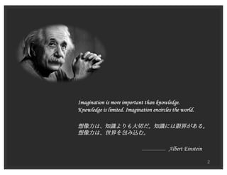 Imagination is more important than knowledge.
Knowledge is limited. Imagination encircles the world.
想像力は、知識よりも大切だ。知識には限界がある。
想像力は、世界を包み込む。
Albert Einstein
 