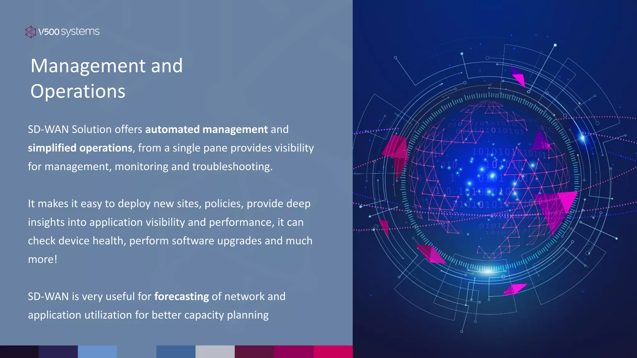Management and
Operations
SD-WAN Solution offers automated management and
simplified operations, from a single pane provides visibility
for management, monitoring and troubleshooting.
It makes it easy to deploy new sites, policies, provide deep
insights into application visibility and performance, it can
check device health, perform software upgrades and much
more!
SD-WAN is very useful for forecasting of network and
application utilization for better capacity planning
 