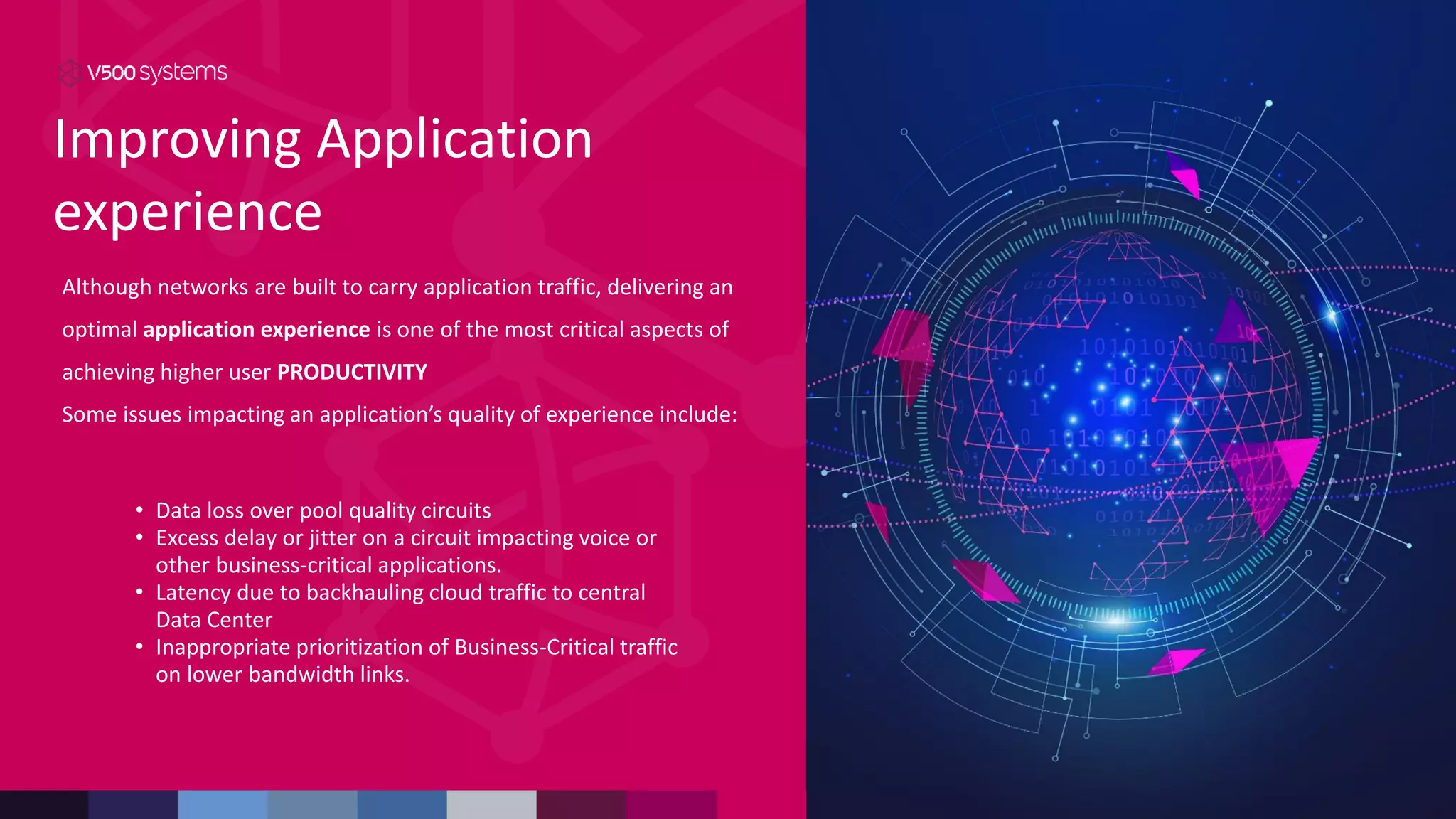 Improving Application
experience
Although networks are built to carry application traffic, delivering an
optimal application experience is one of the most critical aspects of
achieving higher user PRODUCTIVITY
Some issues impacting an application’s quality of experience include:
• Data loss over pool quality circuits
• Excess delay or jitter on a circuit impacting voice or
other business-critical applications.
• Latency due to backhauling cloud traffic to central
Data Center
• Inappropriate prioritization of Business-Critical traffic
on lower bandwidth links.
 