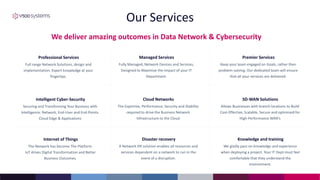 Our Services
Intelligent Cyber-Security
Securing and Transforming Your Business with
Intelligence: Network, End-User and End-Points.
Cloud Edge & Applications
Cloud Networks
The Expertise, Performance, Security and Stability
required to drive the Business Network
Infrastructure to the Cloud
SD-WAN Solutions
Allows Businesses with branch locations to Build
Cost-Effective, Scalable, Secure and optimised for
High-Performance WAN’s
Internet of Things
The Network has become The Platform.
IoT drives Digital Transformation and Better
Business Outcomes.
Disaster recovery
A Network DR solution enables all resources and
services dependent on a network to run in the
event of a disruption.
Knowledge and training
We gladly pass on knowledge and experience
when deploying a project. Your IT Dept must feel
comfortable that they understand the
environment.
Professional Services
Full range Network Solutions, design and
implementation. Expert knowledge at your
fingertips.
Managed Services
Fully Managed, Network Devices and Services,
Designed to Maximise the Impact of your IT
Department.
Premier Services
Keep your team engaged on Goals, rather then
problem-solving. Our dedicated team will ensure
that all your services are delivered.
We deliver amazing outcomes in Data Network & Cybersecurity
 