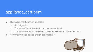 appliance_cert.pem
● The same certificate on all nodes
○ Self-signed
○ The same SN - 97:D9:5C:BD:EC:AB:E2:93
○ The same Md5sum - de44831068a3d3a641ae71bc37897421
● How many those nodes are on the Internet?
 
