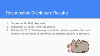 Responsible Disclosure Results
1. September 24, 2018: Reported
2. September 25, 2018: A bug was created
3. October 17, 2018: “We have reproduced the behavior you described and
are now in the process of identifying the changes required to address it”
 