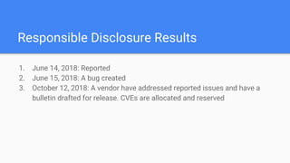 Responsible Disclosure Results
1. June 14, 2018: Reported
2. June 15, 2018: A bug created
3. October 12, 2018: A vendor have addressed reported issues and have a
bulletin drafted for release. CVEs are allocated and reserved
 