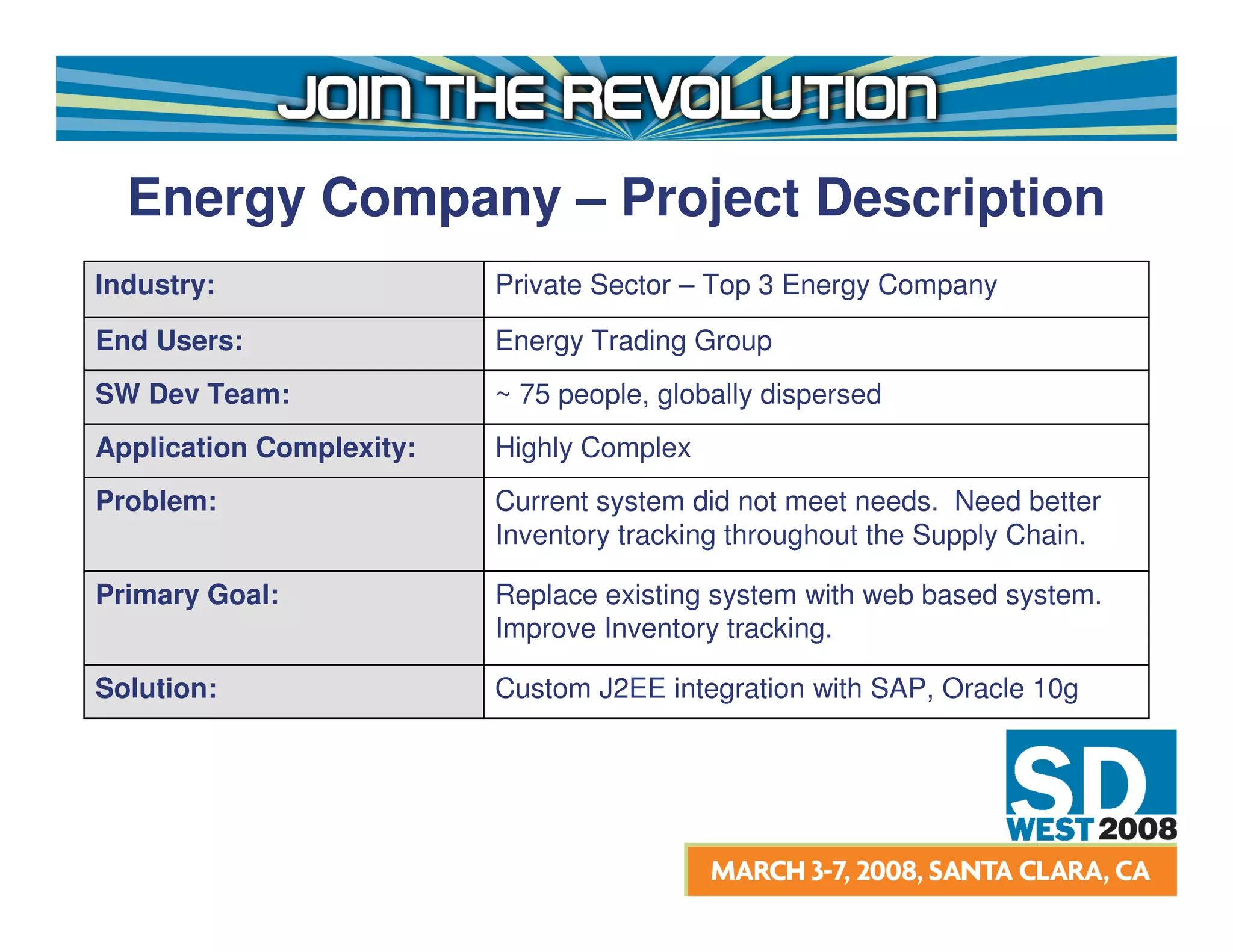 Energy Company – Project Description
Industry:                 Private Sector – Top 3 Energy Company
End Users:                Energy Trading Group
SW Dev Team:              ~ 75 people, globally dispersed
Application Complexity:   Highly Complex
Problem:                  Current system did not meet needs. Need better
                          Inventory tracking throughout the Supply Chain.

Primary Goal:             Replace existing system with web based system.
                          Improve Inventory tracking.

Solution:                 Custom J2EE integration with SAP, Oracle 10g
 