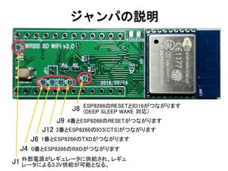 ジャンパの説明
J1
0番とESP8266のRXDがつながります
外部電源がレギュレータに供給され、レギュ
レータによる3.3V供給が可能となる。
J4
1番とESP8266のTXDがつながりますJ6
3番とESP8266のIO3(CTS)がつながりますJ12
4番とESP8266のRESETがつながりますJ9
ESP8266のRESETとIO16がつながります
(DEEP SLEEP WAKE 対応)J8
 