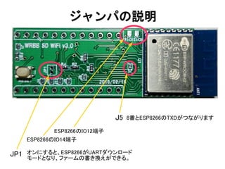 ジャンパの説明
JP1
8番とESP8266のTXDがつながりますJ5
ESP8266のIO14端子
オンにすると、ESP8266がUARTダウンロード
モードとなり、ファームの書き換えができる。
ESP8266のIO12端子
 