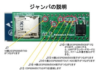 ジャンパの説明
17番とESP8266のIO0がつな
がります。LOWにする
と、UARTダウンロードモードと
なり、ファームの書き換えがで
きる。
J10
16番とESP8266のIO5端子がつながりますJ15
15番とESP8266のTOUT/ADC端子がつながりますJ14
14番とESP8266のIO4端子がつながりますJ16
ESP8266のCTSとRTSを直結しますJ13
10番とESP8266のTXD
がつながります
J7
 