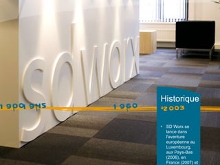 Historique SD Worx se lance dans l'aventure européenne au Luxembourg,  aux Pays-Bas (2006), en France (2007) et en Allemagne (2008) 1900 1945 1960 1980 2003 