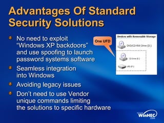 Advantages Of StandardAdvantages Of Standard
Security SolutionsSecurity Solutions
No need to exploitNo need to exploit
“Windows XP backdoors”“Windows XP backdoors”
and use spoofing to launchand use spoofing to launch
password systems softwarepassword systems software
Seamless integrationSeamless integration
into Windowsinto Windows
Avoiding legacy issuesAvoiding legacy issues
Don’t need to use VendorDon’t need to use Vendor
unique commands limitingunique commands limiting
the solutions to specific hardwarethe solutions to specific hardware
One UFD
 