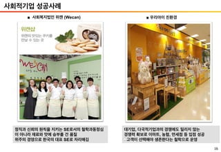 16
사회적기업 성공사례
■ 사회복지법인 위캔 (Wecan) ■ 우리아이 친환경
대기업, 다국적기업과의 경쟁에도 밀리지 않는
경쟁력 확보로 이마트, 농협, 면세점 등 입점 성공
고객이 선택해야 생존한다는 철학으로 운영
정직과 신뢰의 원칙을 지키는 SE로서의 철학과동정심
이 아니라 재료와 맛에 승부를 건 품질
위주의 경영으로 한국의 대표 SE로 자리매김
 