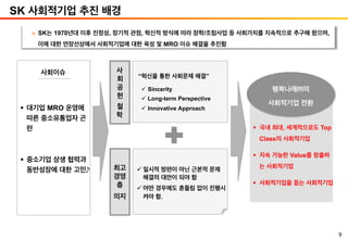 9
SK 사회적기업 추진 배경
사회이슈
§  대기업 MRO 운영에
따른 중소유통업자 곤
란
§  중소기업 상생 협력과
동반성장에 대한 고민
행복나래㈜의
사회적기업 전환
§  국내 최대, 세계적으로도 Top
Class의 사회적기업
§  지속 가능한 Value를 창출하
는 사회적기업
§  사회적기업을 돕는 사회적기업
사
회
공
헌
철
학
“혁신을 통한 사회문제 해결”
ü  Sincerity
ü  Long-term Perspective
ü  Innovative Approach
최고
경영
층
의지
ü 일시적 방편이 아닌 근본적 문제
해결의 대안이 되야 함
ü 어떤 경우에도 흔들림 없이 진행시
켜야 함.
v  SK는 1970년대 이후 진정성, 장기적 관점, 혁신적 방식에 따라 장학/조림사업 등 사회가치를 지속적으로 추구해 왔으며,
이에 대한 연장선상에서 사회적기업에 대한 육성 및 MRO 이슈 해결을 추진함
 