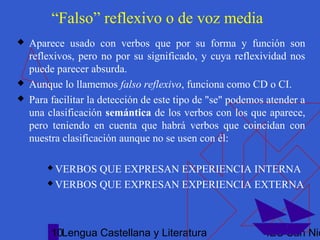 Lengua Castellana y Literatura IES San Nic10
“Falso” reflexivo o de voz media
 Aparece usado con verbos que por su forma y función son
reflexivos, pero no por su significado, y cuya reflexividad nos
puede parecer absurda.
 Aunque lo llamemos falso reflexivo, funciona como CD o CI.
 Para facilitar la detección de este tipo de "se" podemos atender a
una clasificación semántica de los verbos con los que aparece,
pero teniendo en cuenta que habrá verbos que coincidan con
nuestra clasificación aunque no se usen con él:
 VERBOS QUE EXPRESAN EXPERIENCIA INTERNA
 VERBOS QUE EXPRESAN EXPERIENCIA EXTERNA
 