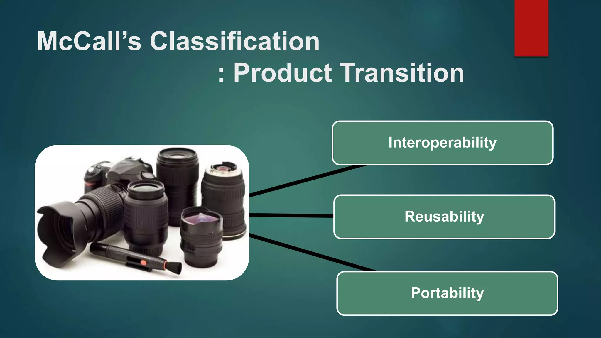 Interoperability
Reusability
Portability
McCall’s Classification
: Product Transition