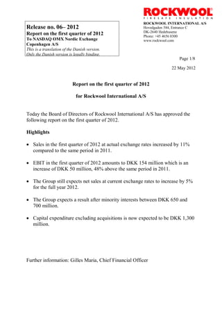 ROCKWOOL INTERNATIONAL A/S
Release no. 06– 2012                                       Hovedgaden 584, Entrance C
                                                           DK-2640 Hedehusene
Report on the first quarter of 2012                        Phone: +45 4656 0300
To NASDAQ OMX Nordic Exchange                              www.rockwool.com
Copenhagen A/S
This is a translation of the Danish version.
Only the Danish version is legally binding.
                                                                         Page 1/8

                                                                      22 May 2012


                           Report on the first quarter of 2012

                             for Rockwool International A/S


Today the Board of Directors of Rockwool International A/S has approved the
following report on the first quarter of 2012.

Highlights

 Sales in the first quarter of 2012 at actual exchange rates increased by 11%
  compared to the same period in 2011.

 EBIT in the first quarter of 2012 amounts to DKK 154 million which is an
  increase of DKK 50 million, 48% above the same period in 2011.

 The Group still expects net sales at current exchange rates to increase by 5%
  for the full year 2012.

 The Group expects a result after minority interests between DKK 650 and
  700 million.

 Capital expenditure excluding acquisitions is now expected to be DKK 1,300
  million.




Further information: Gilles Maria, Chief Financial Officer
 