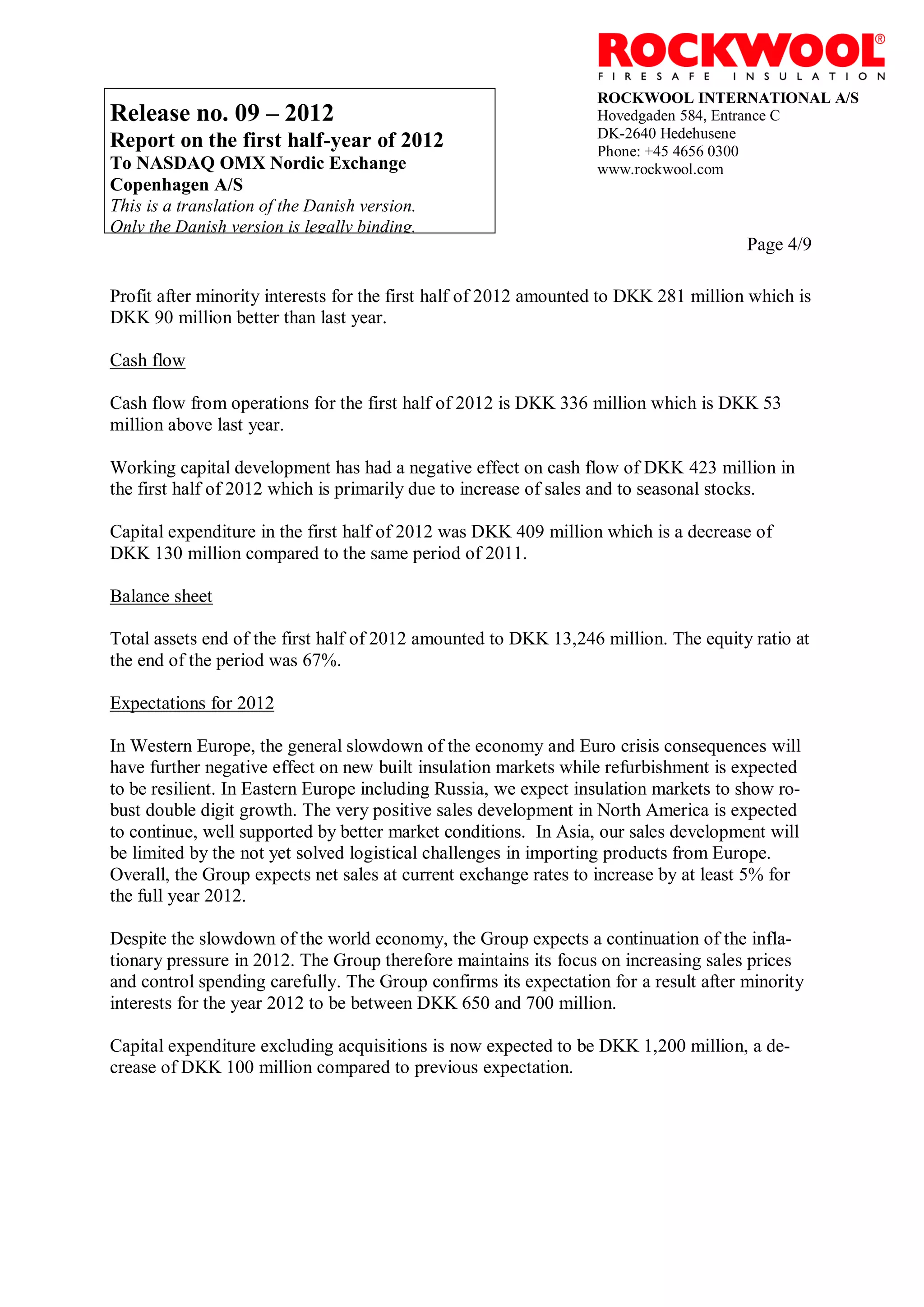 ROCKWOOL INTERNATIONAL A/S
Release no. 09 – 2012                                             Hovedgaden 584, Entrance C
                                                                  DK-2640 Hedehusene
Report on the first half-year of 2012                             Phone: +45 4656 0300
To NASDAQ OMX Nordic Exchange                                     www.rockwool.com
Copenhagen A/S
This is a translation of the Danish version.
Only the Danish version is legally binding.
                                                                                      Page 4/9

Profit after minority interests for the first half of 2012 amounted to DKK 281 million which is
DKK 90 million better than last year.

Cash flow

Cash flow from operations for the first half of 2012 is DKK 336 million which is DKK 53
million above last year.

Working capital development has had a negative effect on cash flow of DKK 423 million in
the first half of 2012 which is primarily due to increase of sales and to seasonal stocks.

Capital expenditure in the first half of 2012 was DKK 409 million which is a decrease of
DKK 130 million compared to the same period of 2011.

Balance sheet

Total assets end of the first half of 2012 amounted to DKK 13,246 million. The equity ratio at
the end of the period was 67%.

Expectations for 2012

In Western Europe, the general slowdown of the economy and Euro crisis consequences will
have further negative effect on new built insulation markets while refurbishment is expected
to be resilient. In Eastern Europe including Russia, we expect insulation markets to show ro-
bust double digit growth. The very positive sales development in North America is expected
to continue, well supported by better market conditions. In Asia, our sales development will
be limited by the not yet solved logistical challenges in importing products from Europe.
Overall, the Group expects net sales at current exchange rates to increase by at least 5% for
the full year 2012.

Despite the slowdown of the world economy, the Group expects a continuation of the infla-
tionary pressure in 2012. The Group therefore maintains its focus on increasing sales prices
and control spending carefully. The Group confirms its expectation for a result after minority
interests for the year 2012 to be between DKK 650 and 700 million.

Capital expenditure excluding acquisitions is now expected to be DKK 1,200 million, a de-
crease of DKK 100 million compared to previous expectation.
 