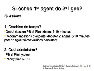 Si échec 1Si échec 1erer
agent de 2agent de 2ee
ligne?ligne?
QuestionsQuestions
1. Combien de temps?1. Combien de temps?
Début dDébut d’’action PB et Phénytoine: 5-10 minutesaction PB et Phénytoine: 5-10 minutes
Recommandations dRecommandations d’’experts: débuter 2experts: débuter 2ee
agent: 5-10 minutesagent: 5-10 minutes
post 1post 1erer
agent si convulsions persistentagent si convulsions persistent
2. Quoi administrer?2. Quoi administrer?
PB si PhénytoinePB si Phénytoine
Phénytoine si PBPhénytoine si PB
 