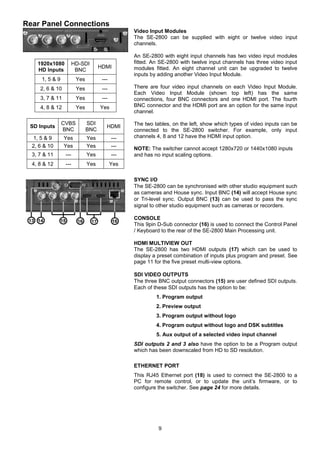 9
Rear Panel Connections
SD Inputs
CVBS
BNC
SDI
BNC
HDMI
1, 5 & 9 Yes Yes ---
2, 6 & 10 Yes Yes ---
3, 7 & 11 --- Yes ---
4, 8 & 12 --- Yes Yes
1920x1080
HD Inputs
HD-SDI
BNC
HDMI
1, 5 & 9 Yes ---
2, 6 & 10 Yes ---
3, 7 & 11 Yes ---
4, 8 & 12 Yes Yes
Video Input Modules
The SE-2800 can be supplied with eight or twelve video input
channels.
An SE-2800 with eight input channels has two video input modules
fitted. An SE-2800 with twelve input channels has three video input
modules fitted. An eight channel unit can be upgraded to twelve
inputs by adding another Video Input Module.
There are four video input channels on each Video Input Module.
Each Video Input Module (shown top left) has the same
connections, four BNC connectors and one HDMI port. The fourth
BNC connector and the HDMI port are an option for the same input
channel.
The two tables, on the left, show which types of video inputs can be
connected to the SE-2800 switcher. For example, only input
channels 4, 8 and 12 have the HDMI input option.
NOTE: The switcher cannot accept 1280x720 or 1440x1080 inputs
and has no input scaling options.
SYNC I/O
The SE-2800 can be synchronised with other studio equipment such
as cameras and House sync. Input BNC (14) will accept House sync
or Tri-level sync. Output BNC (13) can be used to pass the sync
signal to other studio equipment such as cameras or recorders.
CONSOLE
This 9pin D-Sub connector (16) is used to connect the Control Panel
/ Keyboard to the rear of the SE-2800 Main Processing unit.
HDMI MULTIVIEW OUT
The SE-2800 has two HDMI outputs (17) which can be used to
display a preset combination of inputs plus program and preset. See
page 11 for the five preset multi-view options.
SDI VIDEO OUTPUTS
The three BNC output connectors (15) are user defined SDI outputs.
Each of these SDI outputs has the option to be:
1. Program output
2. Preview output
3. Program output without logo
4. Program output without logo and DSK subtitles
5. Aux output of a selected video input channel
SDI outputs 2 and 3 also have the option to be a Program output
which has been downscaled from HD to SD resolution.
ETHERNET PORT
This RJ45 Ethernet port (18) is used to connect the SE-2800 to a
PC for remote control, or to update the unit’s firmware, or to
configure the switcher. See page 24 for more details.
 