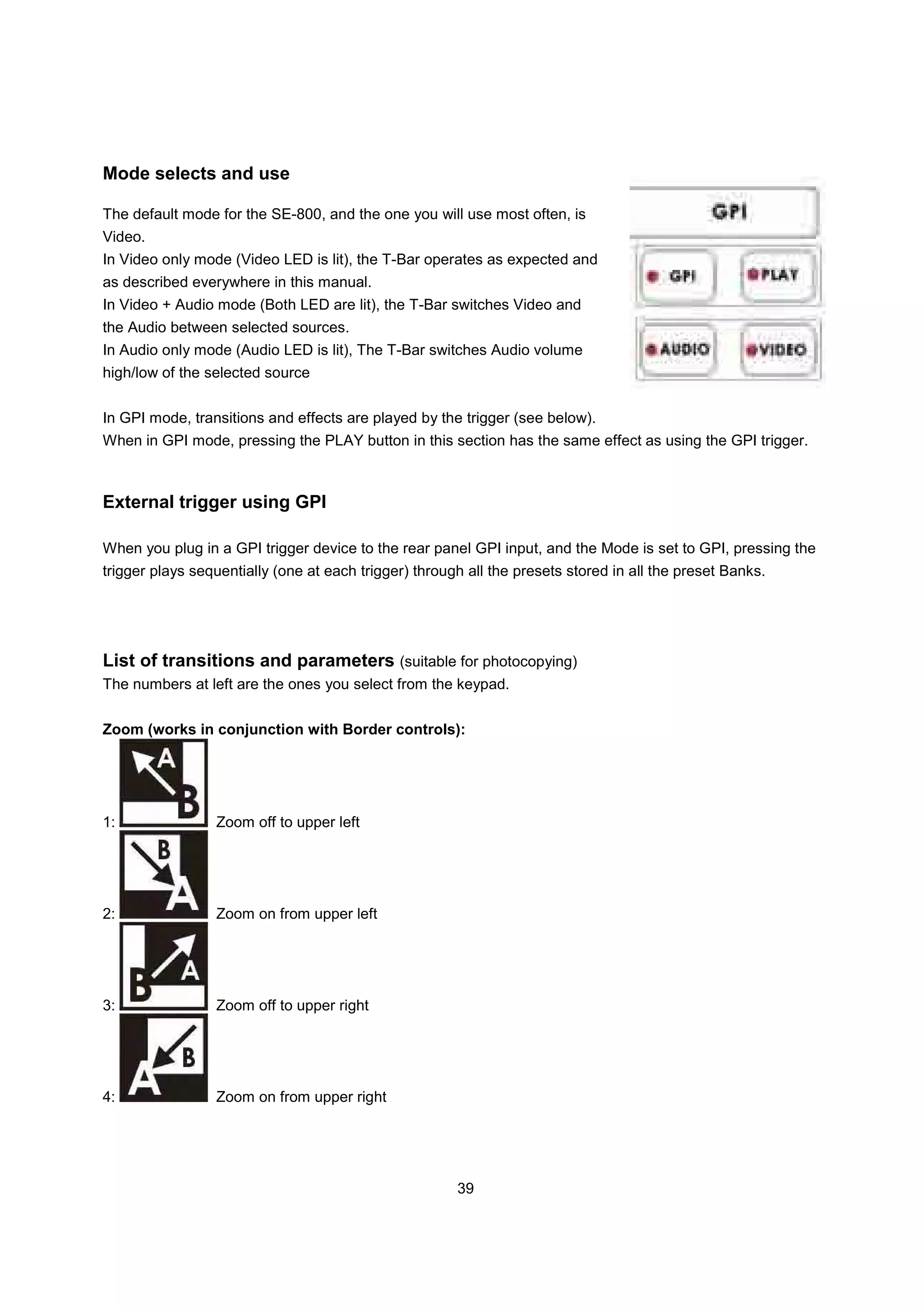 Mode selects and use

The default mode for the SE-800, and the one you will use most often, is
Video.
In Video only mode (Video LED is lit), the T-Bar operates as expected and
as described everywhere in this manual.
In Video + Audio mode (Both LED are lit), the T-Bar switches Video and
the Audio between selected sources.
In Audio only mode (Audio LED is lit), The T-Bar switches Audio volume
high/low of the selected source


In GPI mode, transitions and effects are played by the trigger (see below).
When in GPI mode, pressing the PLAY button in this section has the same effect as using the GPI trigger.



External trigger using GPI

When you plug in a GPI trigger device to the rear panel GPI input, and the Mode is set to GPI, pressing the
trigger plays sequentially (one at each trigger) through all the presets stored in all the preset Banks.




List of transitions and parameters (suitable for photocopying)
The numbers at left are the ones you select from the keypad.


Zoom (works in conjunction with Border controls):




1:               Zoom off to upper left




2:               Zoom on from upper left




3:               Zoom off to upper right




4:               Zoom on from upper right




                                                       39
 