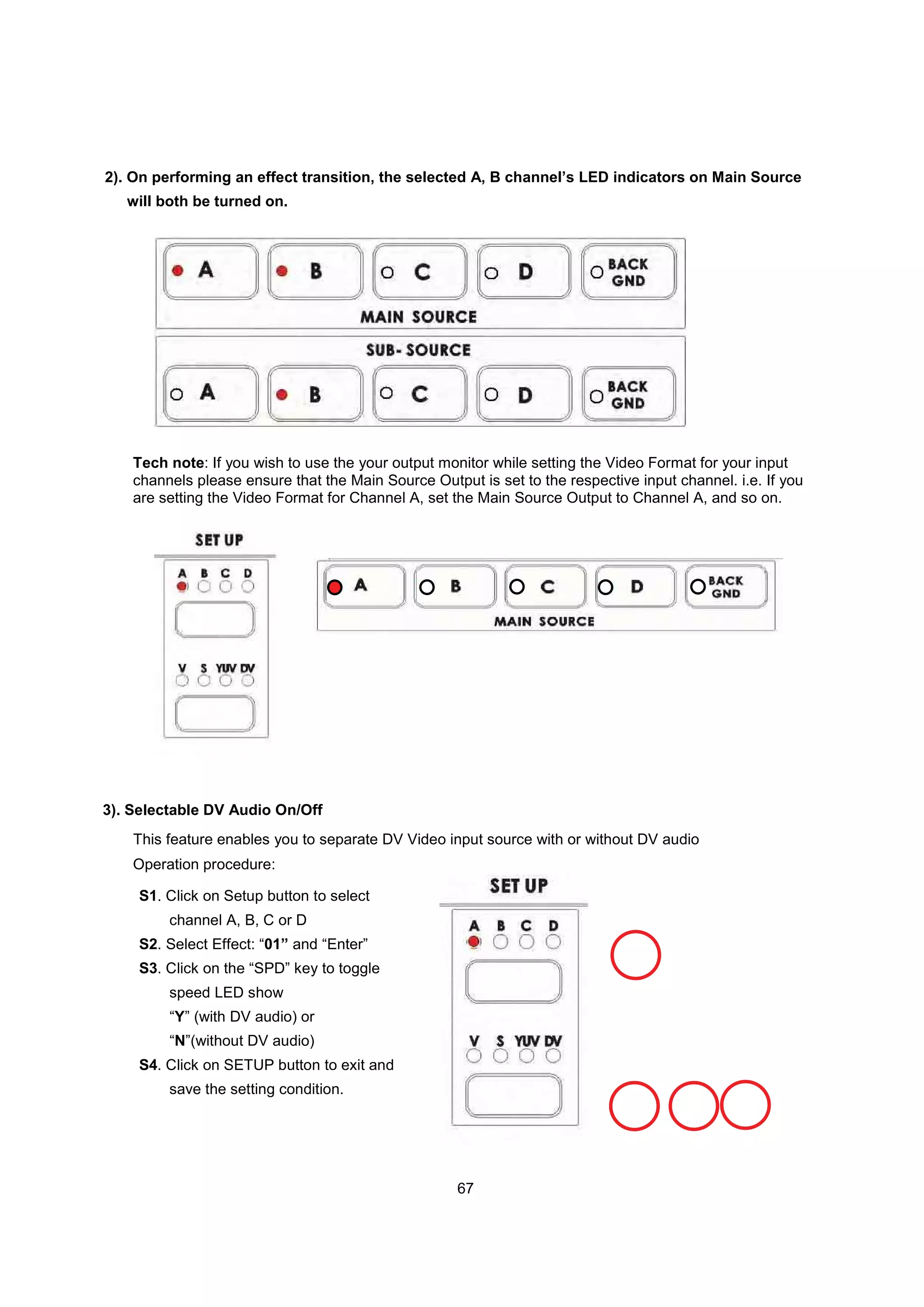2). On performing an effect transition, the selected A, B channel’s LED indicators on Main Source
   will both be turned on.




    Tech note: If you wish to use the your output monitor while setting the Video Format for your input
    channels please ensure that the Main Source Output is set to the respective input channel. i.e. If you
    are setting the Video Format for Channel A, set the Main Source Output to Channel A, and so on.




3). Selectable DV Audio On/Off
    This feature enables you to separate DV Video input source with or without DV audio
    Operation procedure:

    S1. Click on Setup button to select
         channel A, B, C or D
    S2. Select Effect: “01” and “Enter”
    S3. Click on the “SPD” key to toggle
         speed LED show
         “Y” (with DV audio) or
         “N”(without DV audio)
    S4. Click on SETUP button to exit and
         save the setting condition.




                                                     67
 