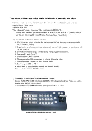 The new functions for unit’s serial number #0305000427 and after
  In order to have these new functions, there are three firmware ICs need to be changed, which are
  System ROM-A: V5.2 or higher
  System ROM-B: V2.1
  Video in boards (There are 4 channels Video input boards in SE-800): V5.0
       Please Note: The items 1) to item 8) below are ROM-A (V5.2) and ROM B (V2.1) related function,
      only the item 9) is Vin (V5.0) related function. You may change it accordingly.


  The new firmware enables new features as below:
     1). RS-232 interface control to SE-800 (For the Datavideo RMC-90 Remote control panel or for PC
        RS-232 interface control)
     2). On performing an effect transition, the selected A, B channel’s LED indicators on Main Source will
         be both turned on.
     3). Enable the main source output selection during the Input type mode selection.
     4). Selectable DV audio ON/OFF
     5). Selectable AGC ON/OFF control
     6). Adjustable position (50 lines up/down) for external SDI overlay video.
     7). Selectable internal Chroma-Key effect ON/OFF control
     8). Consistency A/V LED for T-Bar.
     9). Instant reset for individual video channel. (Vin firmware related)
     Please see below for more detail description.




  1). Enable RS-232 interface for SE-800 Front Panel Control:
     Connect the PC/MAC RS-232 interface to SE-800 for different application. (Note: Please see section
     5 for the detail RS-232 control protocol)
     Or connect to Datavideo RMC-90 remote control panel interface as below:




                       Datavideo RMC-90 Remote Control Panel



                                                     66
 