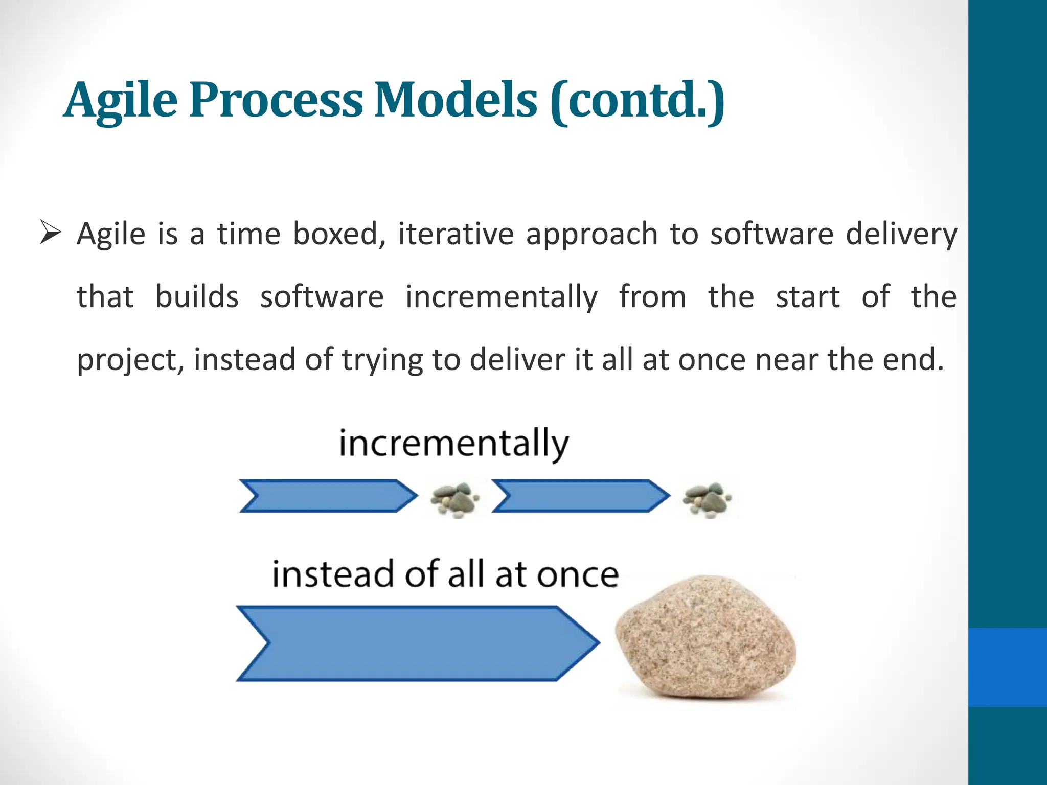➢ Agile is a time boxed, iterative approach to software delivery
that builds software incrementally from the start of the
project, instead of trying to deliver it all at once near the end.
Agile Process Models (contd.)
 