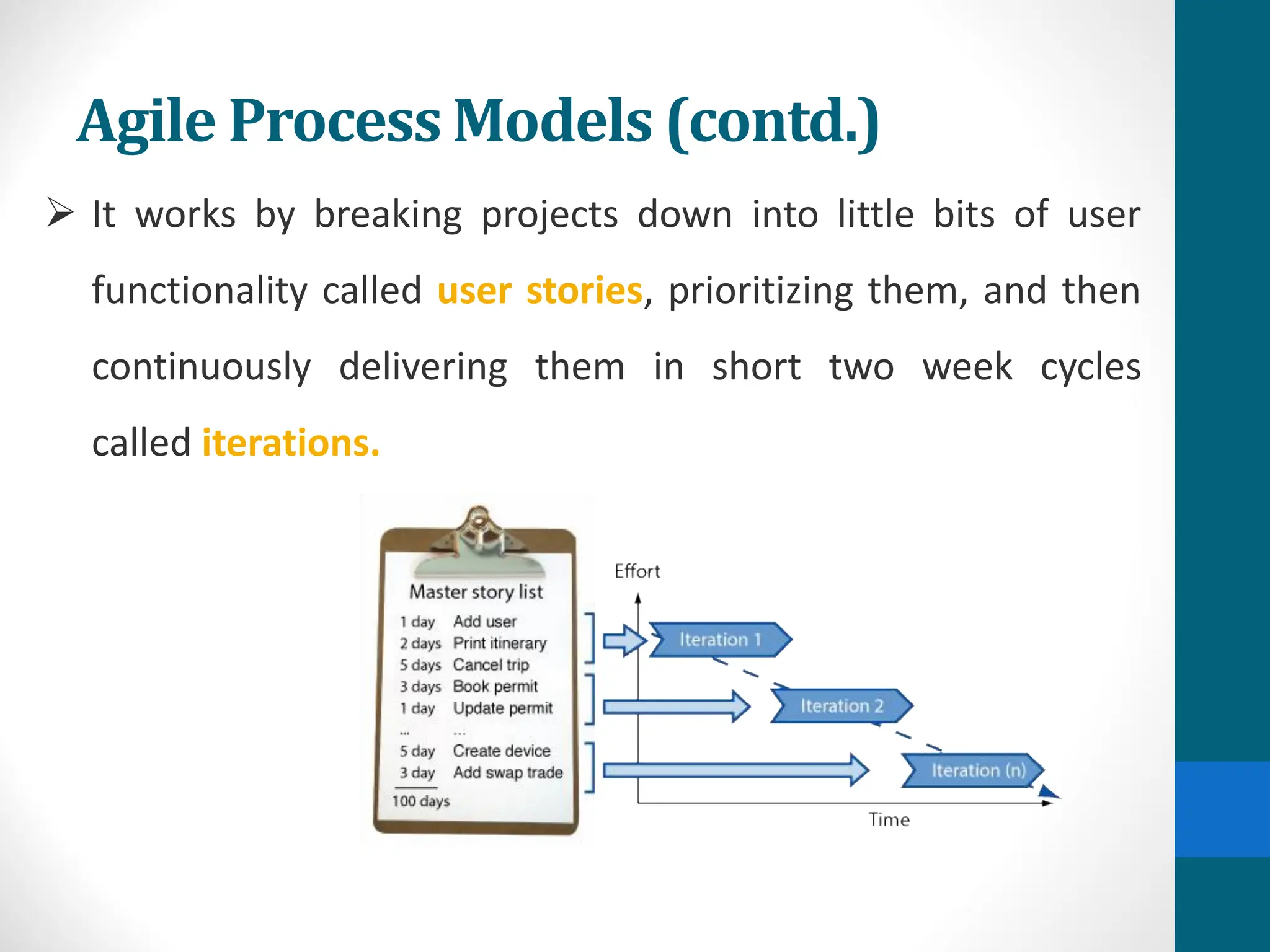 ➢ It works by breaking projects down into little bits of user
functionality called user stories, prioritizing them, and then
continuously delivering them in short two week cycles
called iterations.
Agile Process Models (contd.)
 