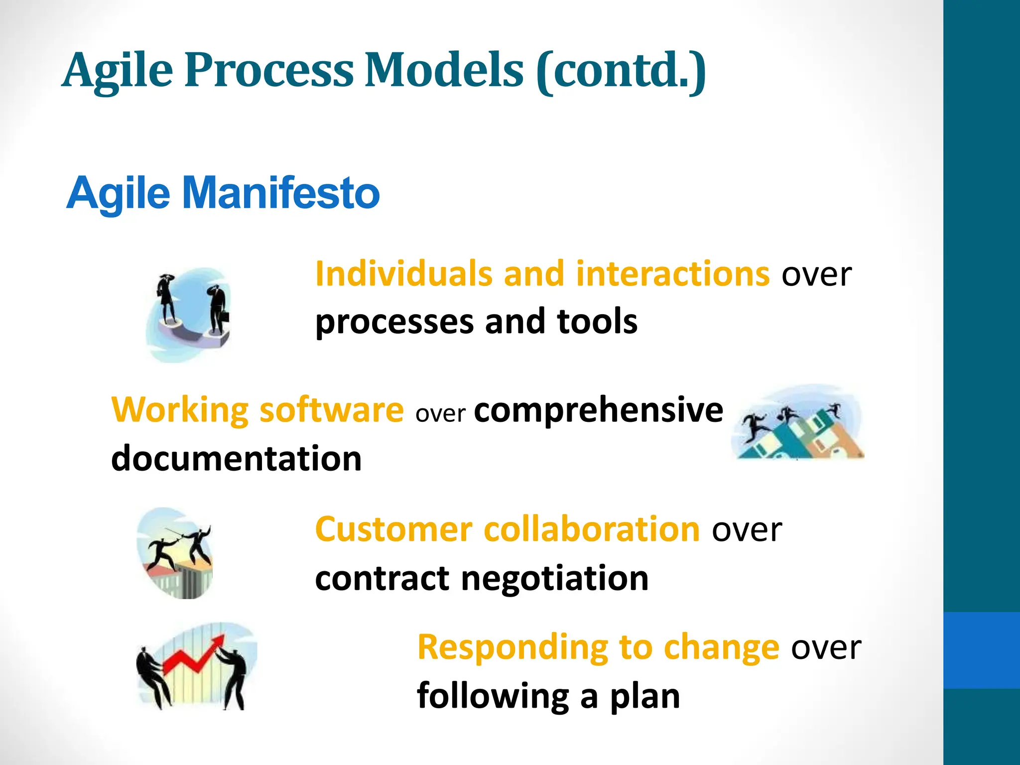 Individuals and interactions over
processes and tools
Working software over comprehensive
documentation
Customer collaboration over
contract negotiation
Responding to change over
following a plan
Agile Manifesto
Agile Process Models (contd.)
 