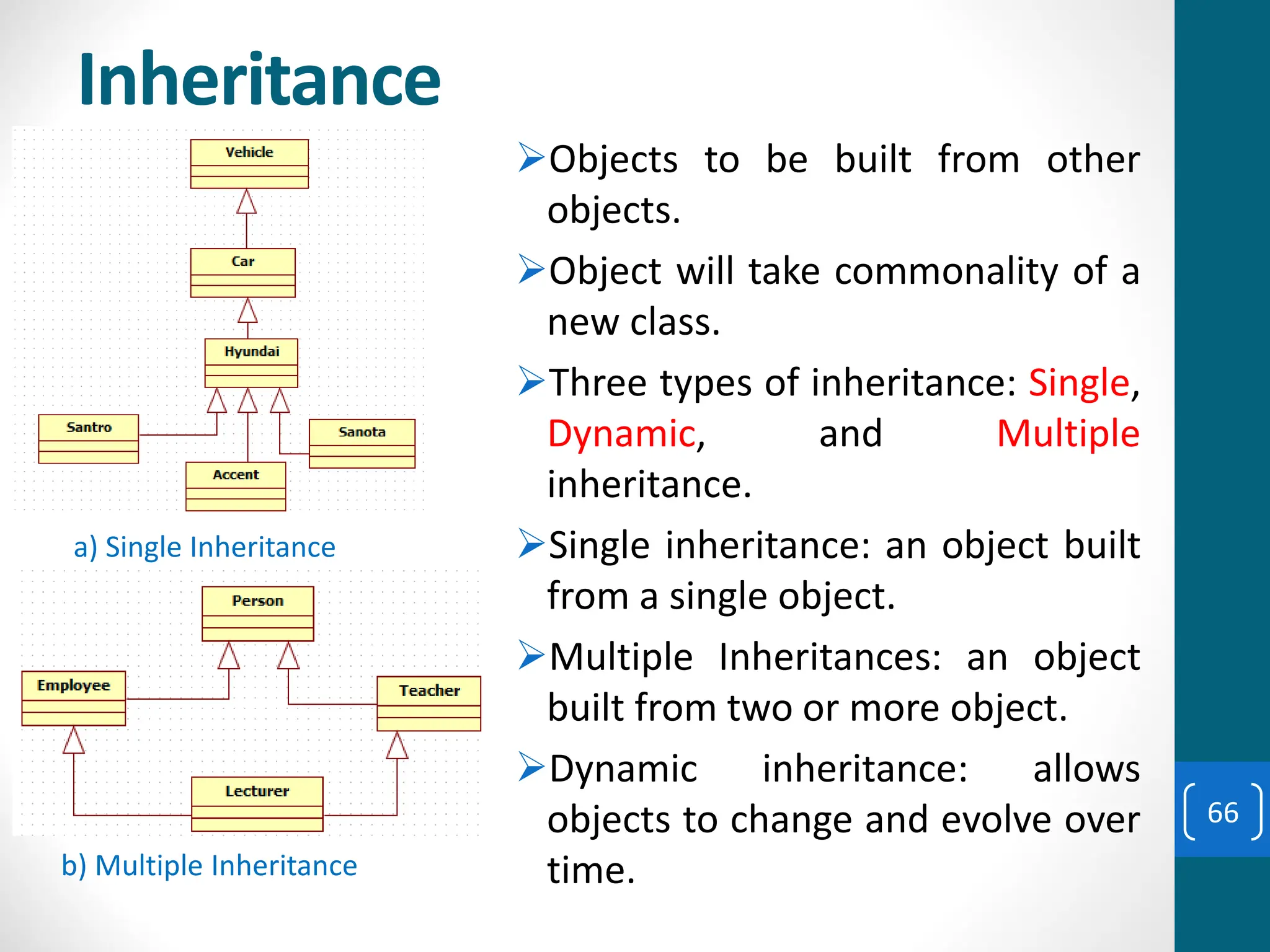 Inheritance
➢Objects to be built from other
objects.
➢Object will take commonality of a
new class.
➢Three types of inheritance: Single,
Dynamic, and Multiple
inheritance.
➢Single inheritance: an object built
from a single object.
➢Multiple Inheritances: an object
built from two or more object.
➢Dynamic inheritance: allows
objects to change and evolve over
time.
a) Single Inheritance
b) Multiple Inheritance
66
 