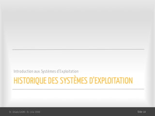 HISTORIQUE DES SYSTÈMES D’EXPLOITATION
Introduction aux Systèmes d’Exploitation
Dr. Ghada GASMI- Dr. Lilia SFAXI Slide 10
 