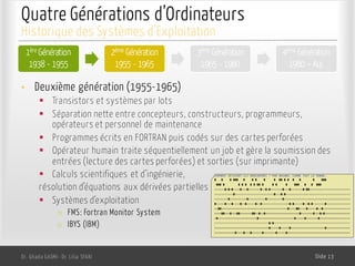 Quatre Générations d’Ordinateurs
1ère Génération
1938 - 1955
2ème Génération
1955 - 1965
3ème Génération
1965 - 1980
4ème Génération
1980 – Auj.
Dr. Ghada GASMI- Dr. Lilia SFAXI Slide 13
Historique des Systèmes d’Exploitation
• Deuxième génération (1955-1965)
§ Transistors et systèmes par lots
§ Séparation nette entre concepteurs, constructeurs, programmeurs,
opérateurs et personnel de maintenance
§ Programmes écrits en FORTRAN puis codés sur des cartes perforées
§ Opérateur humain traite séquentiellement un job et gère la soumission des
entrées (lecture des cartes perforées) et sorties (sur imprimante)
§ Calculs scientifiques et d’ingénierie,
résolution d’équations aux dérivées partielles
§ Systèmes d’exploitation
o FMS: Fortran Monitor System
o IBYS (IBM)
 