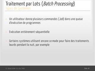 Traitement par Lots (Batch Processing)
• Un utilisateur donne plusieurs commandes (Job) dans une queue
d’exécution de programmes
• Exécution entièrement séquentielle
• Certains systèmes utilisent encore ce mode pour faire des traitements
lourds pendant la nuit, par exemple
Dr. Ghada GASMI- Dr. Lilia SFAXI Slide 18
Types de Systèmes
 