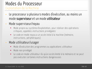 Modes du Processeur
• Le processeur a plusieurs modes d’exécution, au moins un
mode superviseur et un mode utilisateur
• Mode superviseur/noyau
§ Mode propre au système d’exploitation, pour réaliser des opérations
critiques, appelées instructions privilégiées
§ Le code en mode noyau a un accès total à la machine (mémoire,
instructions, périphériques)
• Mode utilisateur/usager
§ Mode d’exécution des programmes ou applications utilisateur
§ Mode non privilégié
§ Le code en mode utilisateur n’a qu’un accès limité à la mémoire et ne peut
pas exécuter certaines instructions dangereuses
Dr. Ghada GASMI- Dr. Lilia SFAXI Slide 28
Exploitation de la Machine
 