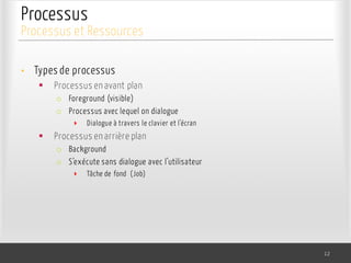 Processus
• Types de processus
§ Processus en avant plan
o Foreground (visible)
o Processus avec lequel on dialogue
‣ Dialogue à travers le clavier et l’écran
§ Processus en arrière plan
o Background
o S’exécute sans dialogue avec l’utilisateur
‣ Tâche de fond (Job)
12
Processus et Ressources
 