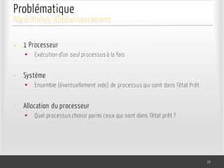Problématique
• 1 Processeur
§ Exécution d’un seul processus à la fois
• Système
§ Ensemble (éventuellement vide) de processus qui sont dans l’état Prêt
• Allocation du processeur
§ Quel processus choisir parmi ceux qui sont dans l’état prêt ?
29
Algorithmes d’ordonnancement
 