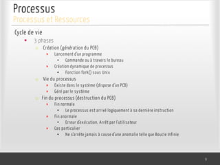 Processus
Cycle de vie
§ 3 phases
o Création (génération du PCB)
‣ Lancement d’un programme
• Commande ou à travers le bureau
‣ Création dynamique de processus
• Fonction fork() sous Unix
o Vie du processus
‣ Existe dans le système (dispose d’un PCB)
‣ Géré par le système
o Fin du processus (destruction du PCB)
‣ Fin normale
• Le processus est arrivé logiquement à sa dernière instruction
‣ Fin anormale
• Erreur d’exécution, Arrêt par l’utilisateur
‣ Cas particulier
• Ne s’arrête jamais à cause d’une anomalie telle que Boucle Infinie
9
Processus et Ressources
 