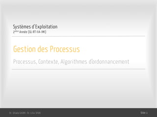 Gestion des Processus
Processus, Contexte, Algorithmes d’ordonnancement
Dr. Ghada GASMI- Dr. Lilia SFAXI Slide 1
Systèmes d’Exploitation
2ème Année (GL-RT-IIA-IMI)
 