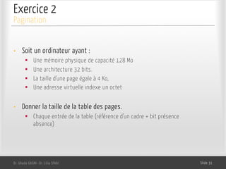 Exercice 2
Dr. Ghada GASMI- Dr. Lilia SFAXI Slide 31
Pagination
• Soit un ordinateur ayant :
§ Une mémoire physique de capacité 128 Mo
§ Une architecture 32 bits.
§ La taille d'une page égale à 4 Ko,
§ Une adresse virtuelle indexe un octet
• Donner la taille de la table des pages.
§ Chaque entrée de la table (référence d’un cadre + bit présence
absence)
 